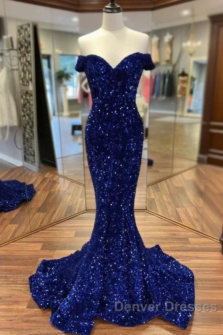 Cheap Long Formal Dress Royal Blue Prom Dress Sequins Mermaid