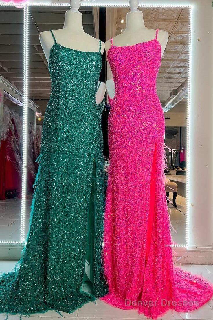 Cheap Long Sequins Prom Dress Hot Pink Evening Dress With Feathers