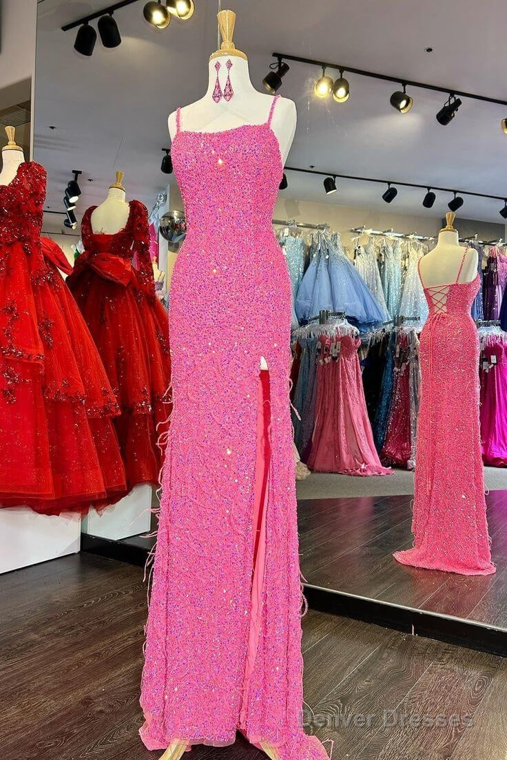 Cheap Long Sequins Prom Dress Hot Pink Evening Dress With Feathers Main image