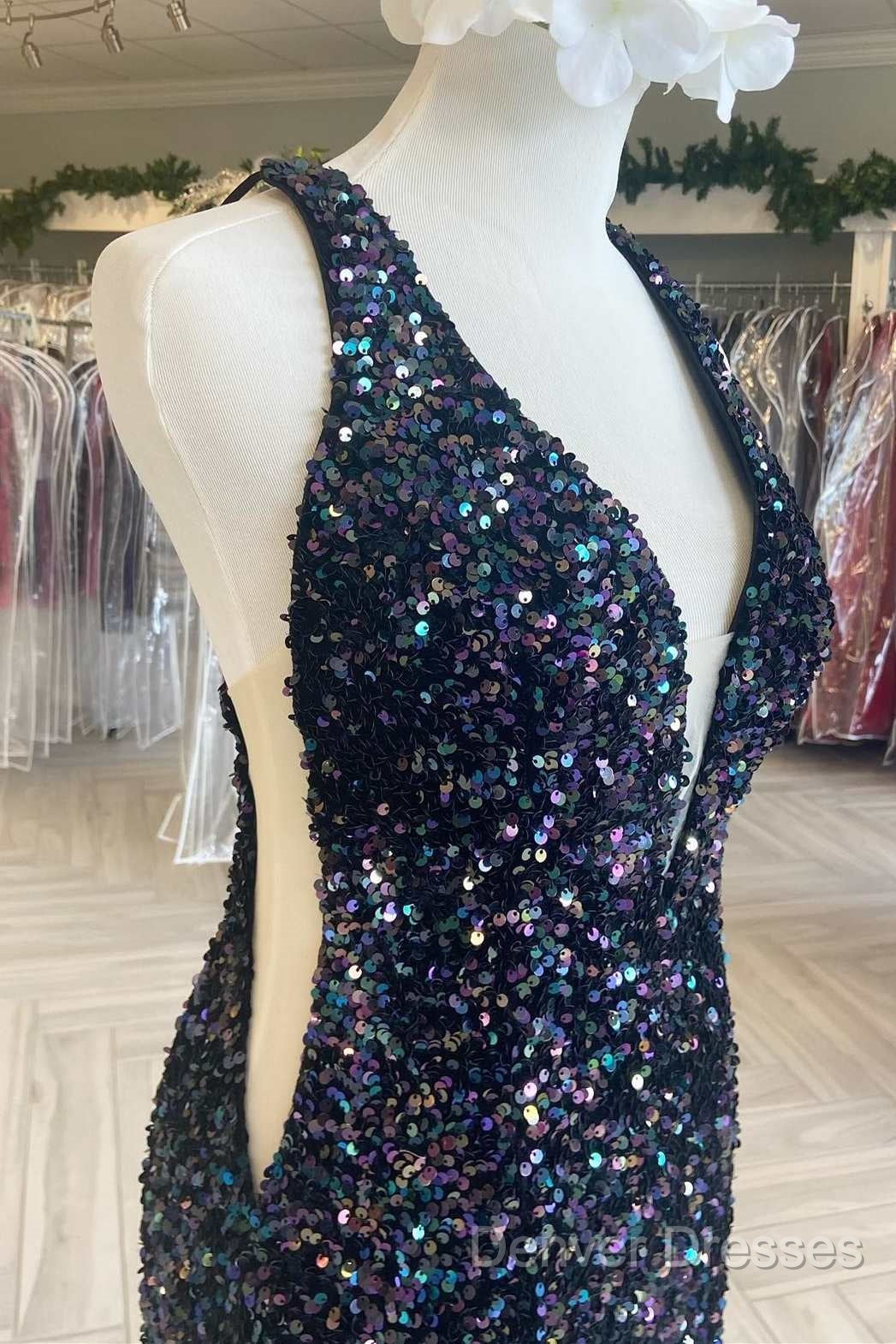 Cheap Meremaid Iridescent Sequin Prom Dress Cheap V Neck Long Formal Dress