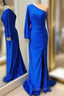 Cheap Mermaid One Shoulder Prom Dress Royal Blue Long Sleeve Party Dress