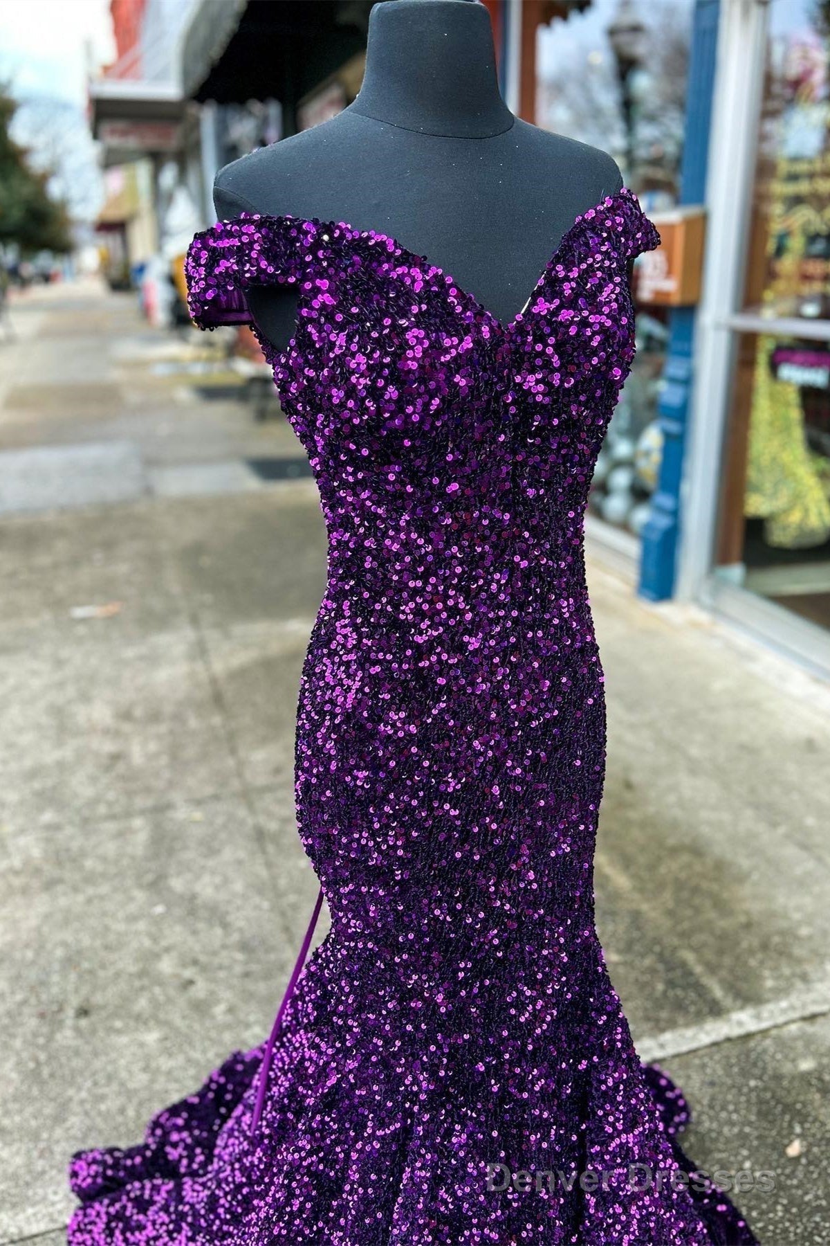 Cheap Off The Shoulder Sequins Prom Dress Purple Long Evening Dress Secondary image