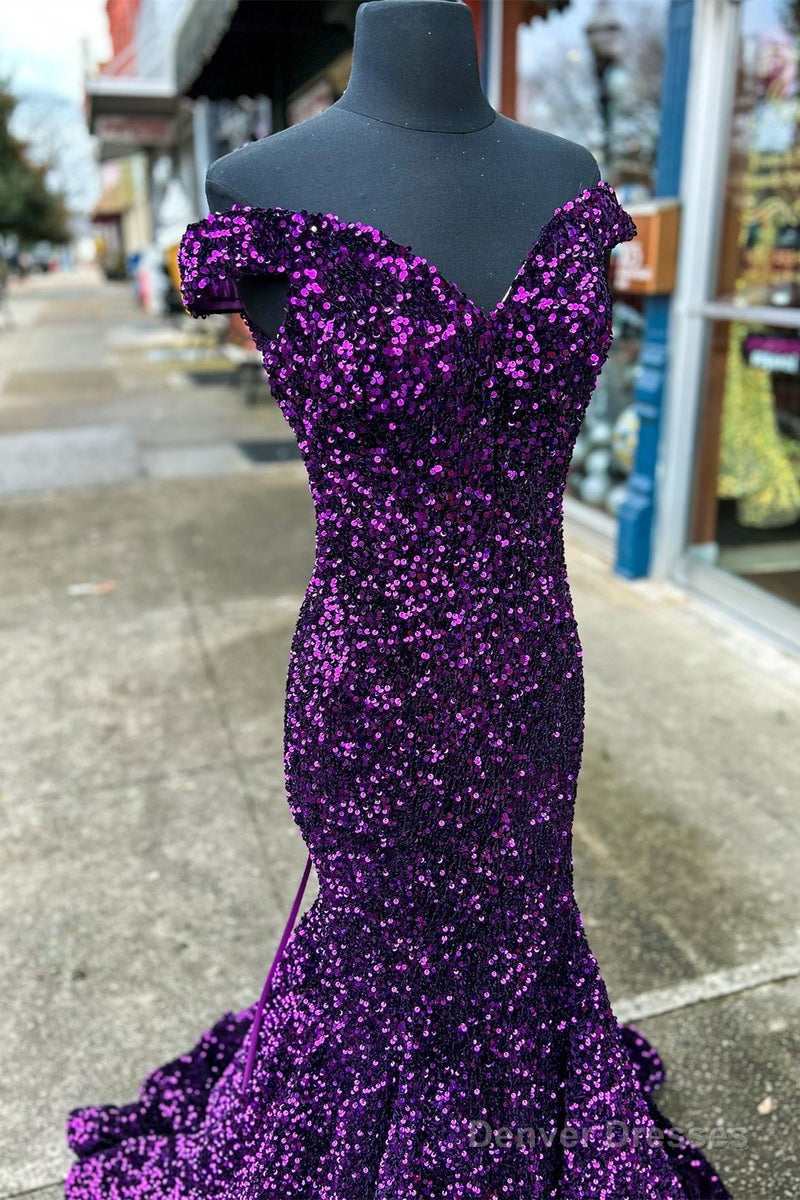 Cheap Off The Shoulder Sequins Prom Dress Purple Long Evening Dress Main image