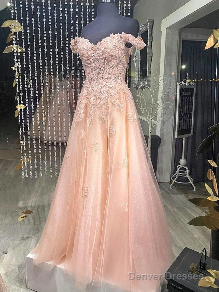 Cheap Pink Lace Prom Dresses Off Shoulder Tulle Long Evening Dresses Main image