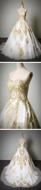 Cheap Popular Classic Sweetheart Gold Lace White Tulle Wedding Party Dresses