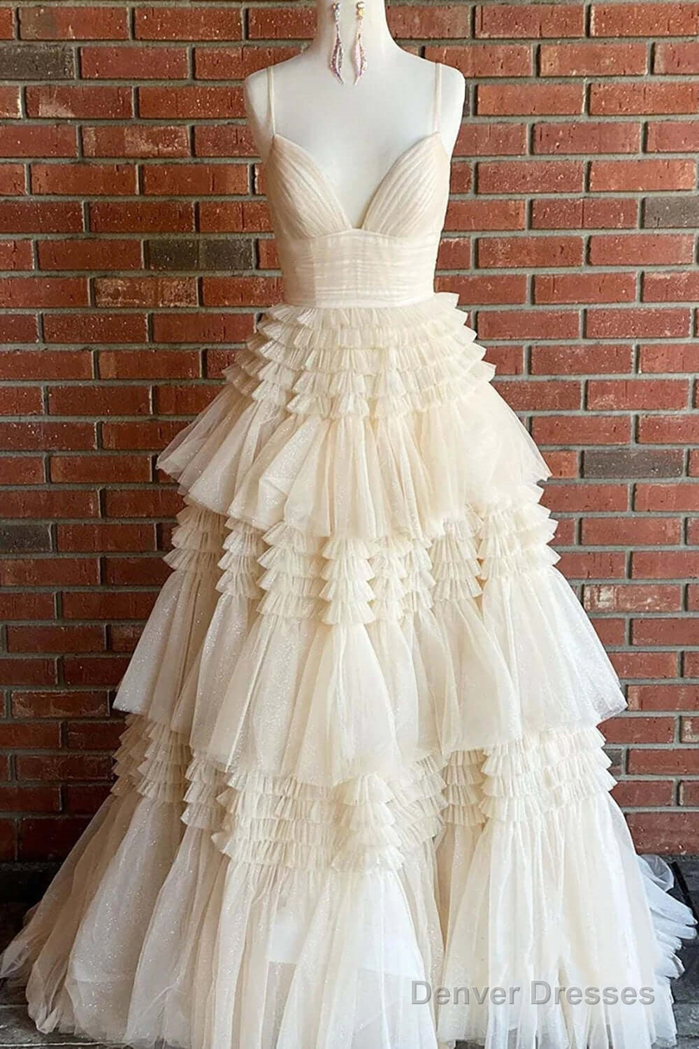 Cheap  Prom Dresses Sequin Tulle V Neck Ruffles Formal Dresses Long