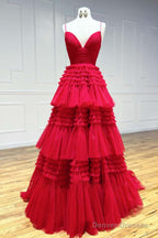 Cheap  Prom Dresses Sequin Tulle V Neck Ruffles Formal Dresses Long