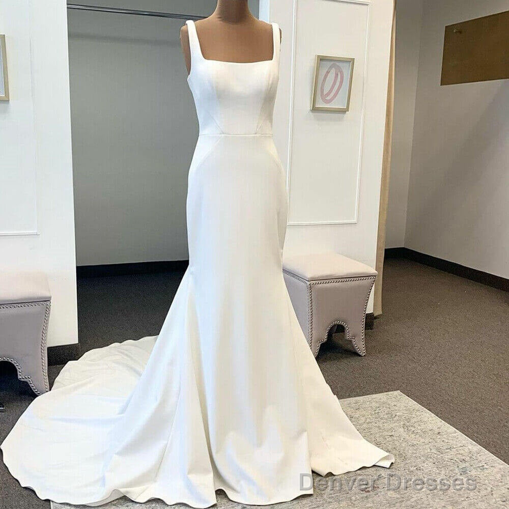 Cheap Satin Square Neck Wedding Dresses Mermaid Straps Bridal Gowns Buttons
