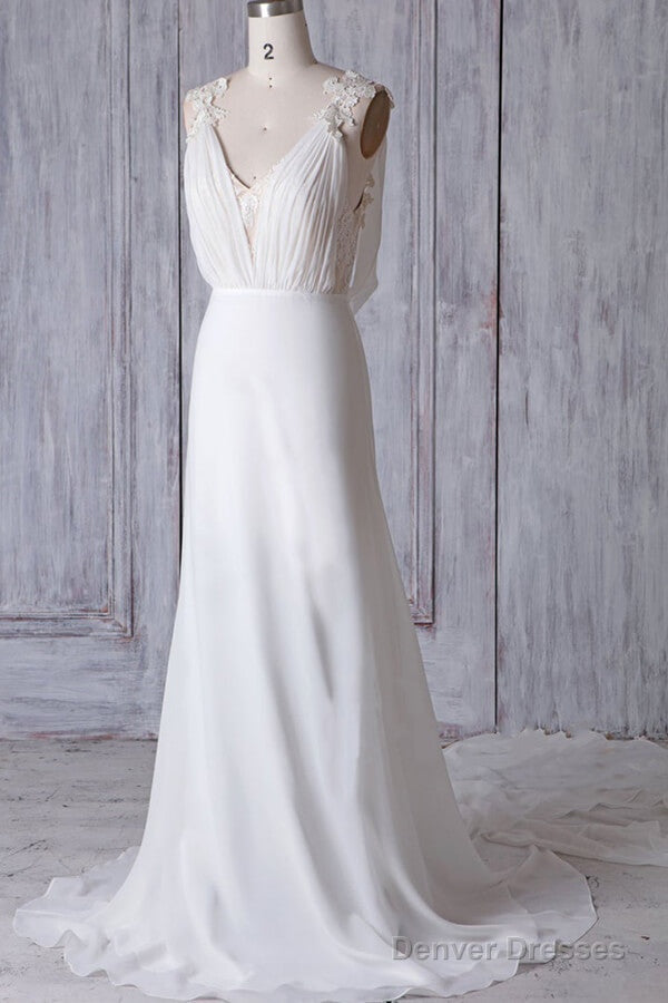 Cheap Sheath Lace Chiffon Long Beach Wedding Dresses