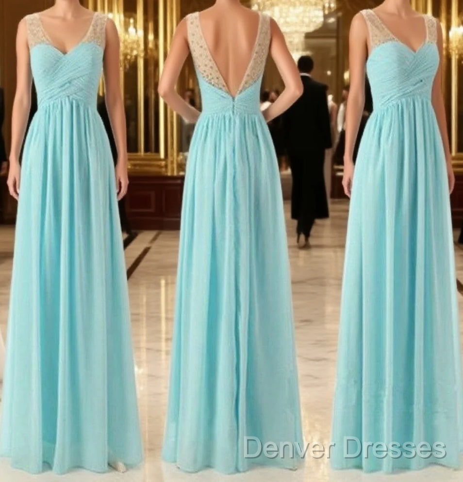 Cheap Simple Junior Strapless Sweetheart Blue Chiffon A-Line Floor-Length Wedding Party Bridesmaid Dress , Main image