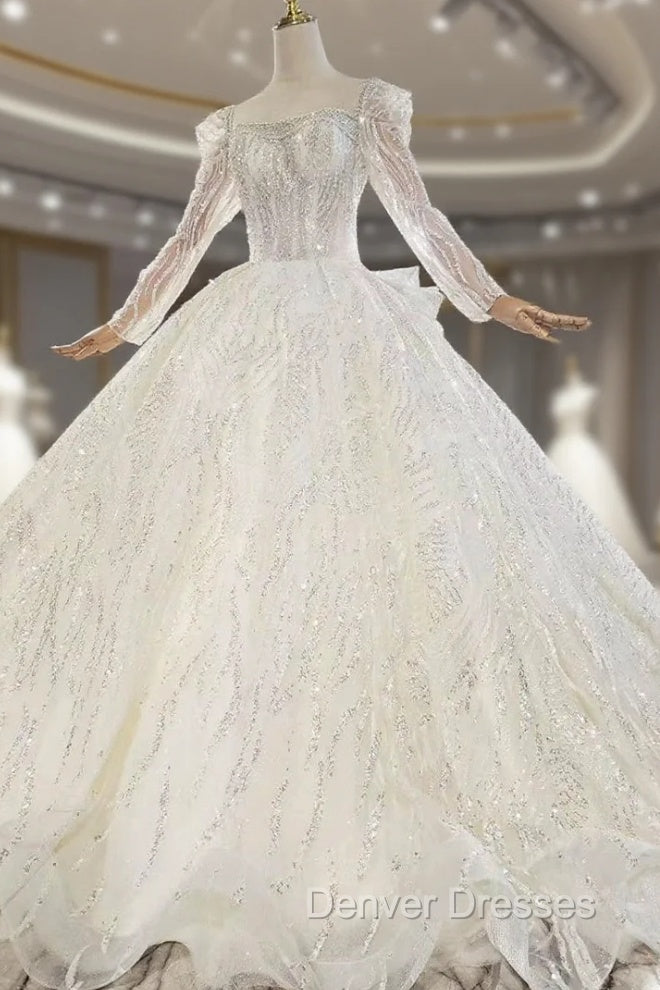Check Out Entire Collection Tulle Sequins Long Sleeve Open Back Beading Wedding Dress Main image