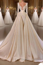 Chic A-Line Cathedral V-Neck Long Wedding Dress With Long Sleeves