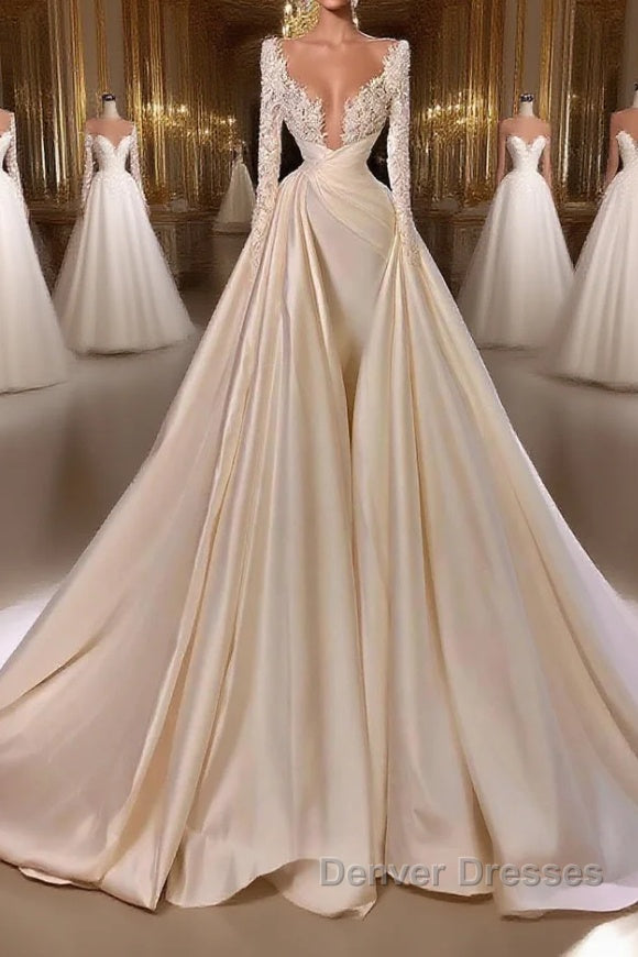 Chic A-Line Cathedral V-Neck Long Wedding Dress With Long Sleeves Main image
