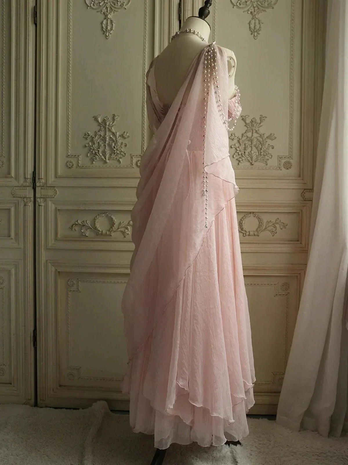 Sweet Elegant Pink Pearl Long Tulle Prom Dress Evening Dress Party Dress
