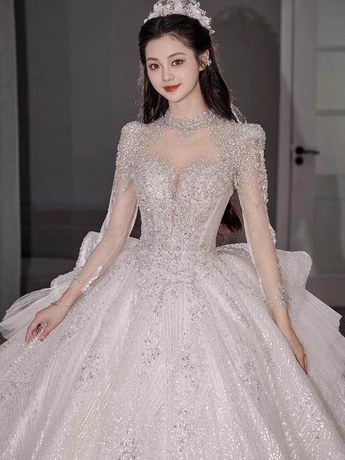 Chic A-Line Long Wedding Dress Tulle  White Bridal Gowns Long Sleeves Bridal Dress Secondary image