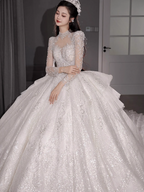 Chic A-Line Long Wedding Dress Tulle  White Bridal Gowns Long Sleeves Bridal Dress