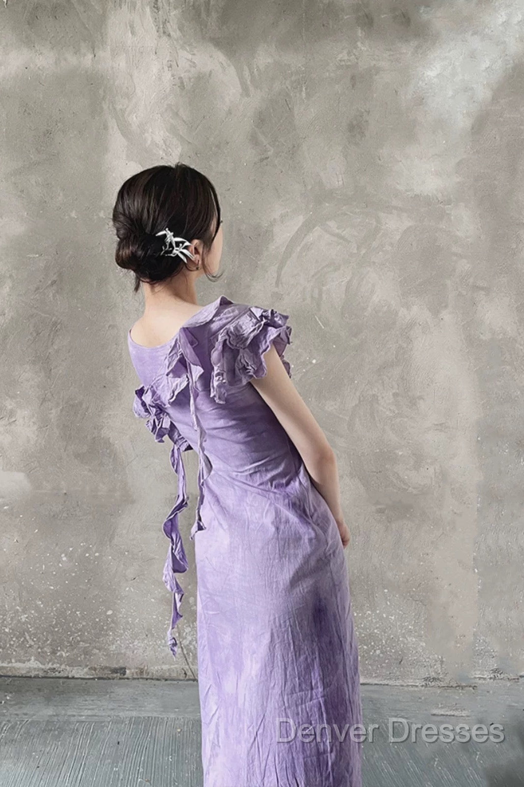 Chic A Line Scoop Lilac Long Prom Dress Birthday Dress With Ruffles