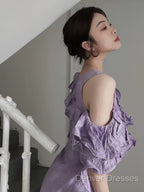 Chic A Line Scoop Lilac Long Prom Dress Birthday Dress With Ruffles