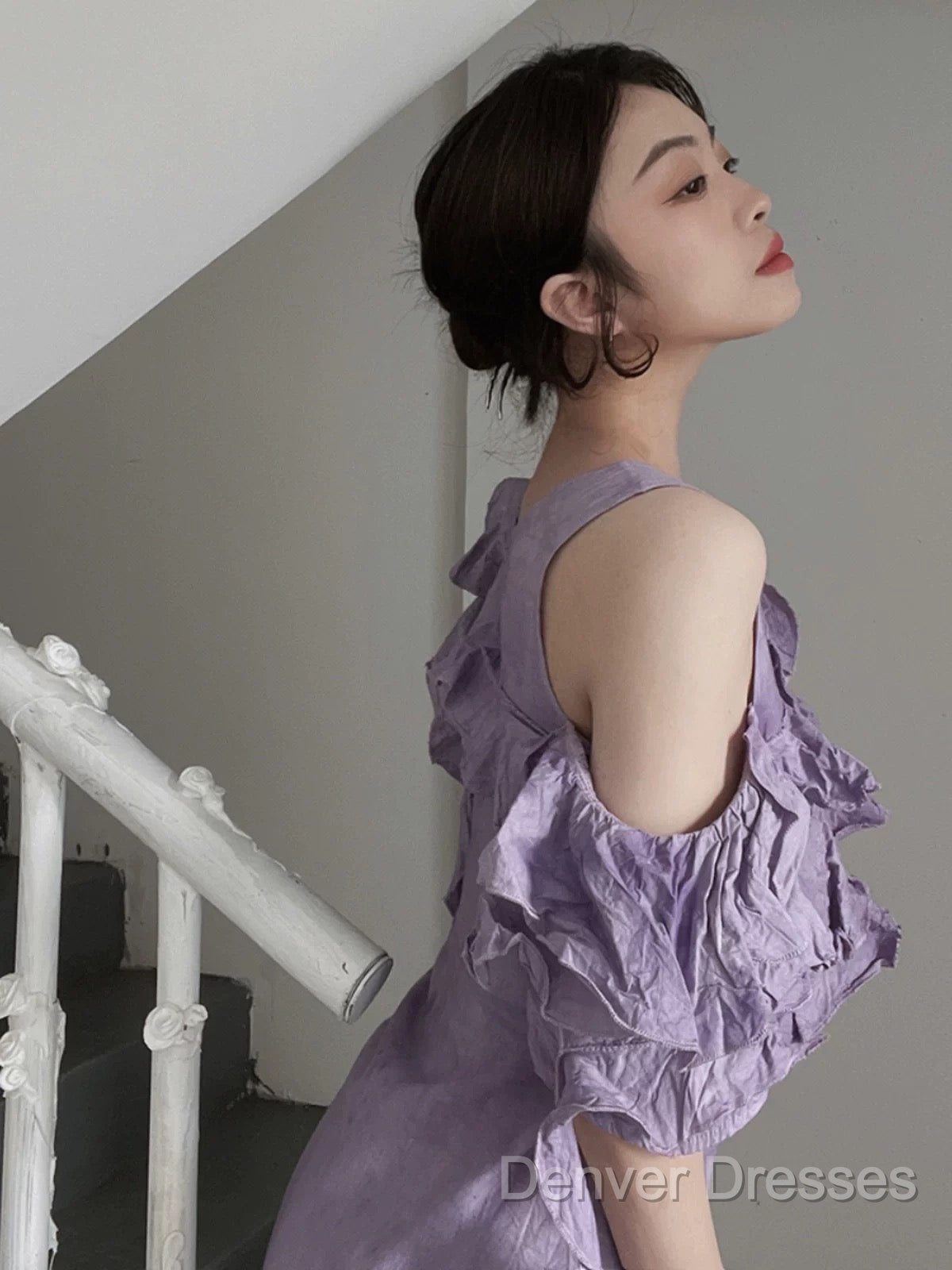 Chic A Line Scoop Lilac Long Prom Dress Birthday Dress With Ruffles