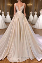 Chic A-Line Sleeveless Spaghetti Strap Cathedral V-Neck Long Wedding Dress