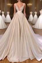 Chic A-Line Sleeveless Spaghetti Strap Cathedral V-Neck Long Wedding Dress