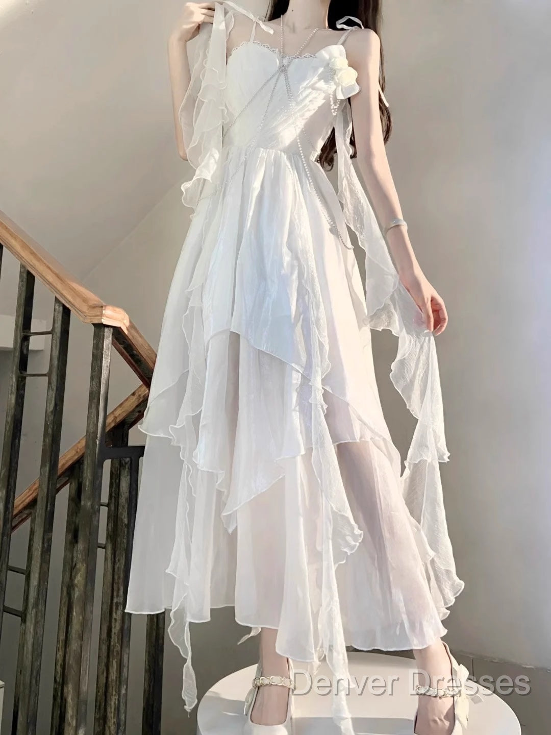 Chic A Line Spaghetti Straps Chiffon White Ankle Length Birthday Dress Birthday Outfits