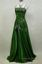 Chic A Line Spaghetti Straps Green Satin Evening Dress Long Prom Dress