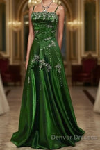 Chic A Line Spaghetti Straps Green Satin Evening Dress Long Prom Dress