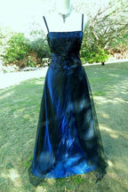 Chic A Line Spaghetti  Straps Navy Blue Tulle Evening Dress Long Prom Dress
