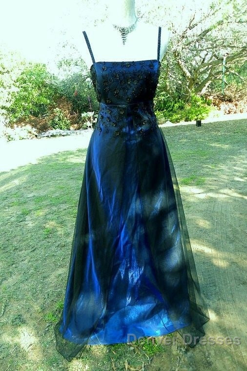 Chic A Line Spaghetti  Straps Navy Blue Tulle Evening Dress Long Prom Dress