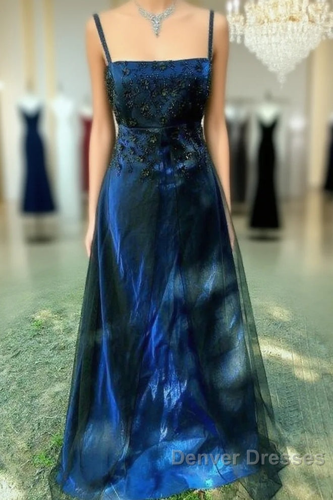 Chic A Line Spaghetti  Straps Navy Blue Tulle Evening Dress Long Prom Dress Main image