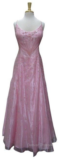 Chic A Line Spaghetti Straps Pink Long Evening Dress Beads Long Prom Dress