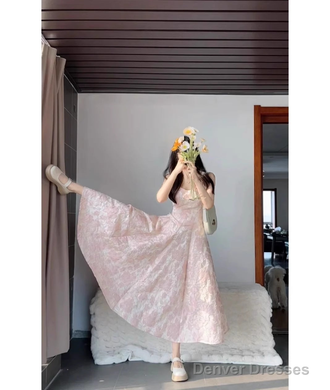Chic A Line Spaghetti Straps Pink Satin Ankle Length Prom Dresses Birthday Outfits Secondary image