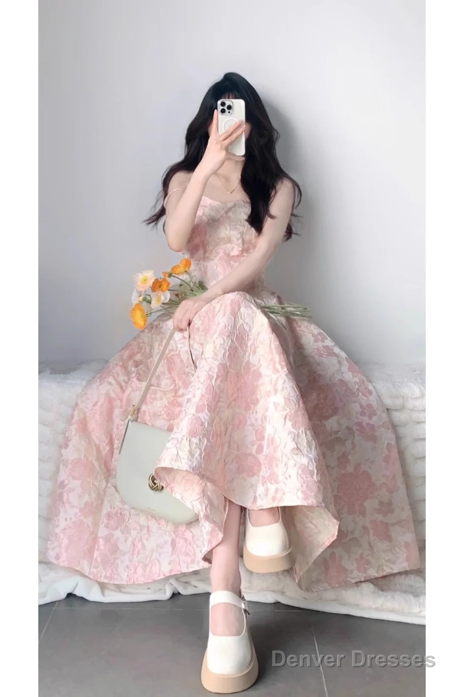 Chic A Line Spaghetti Straps Pink Satin Ankle Length Prom Dresses Birthday Outfits Main image