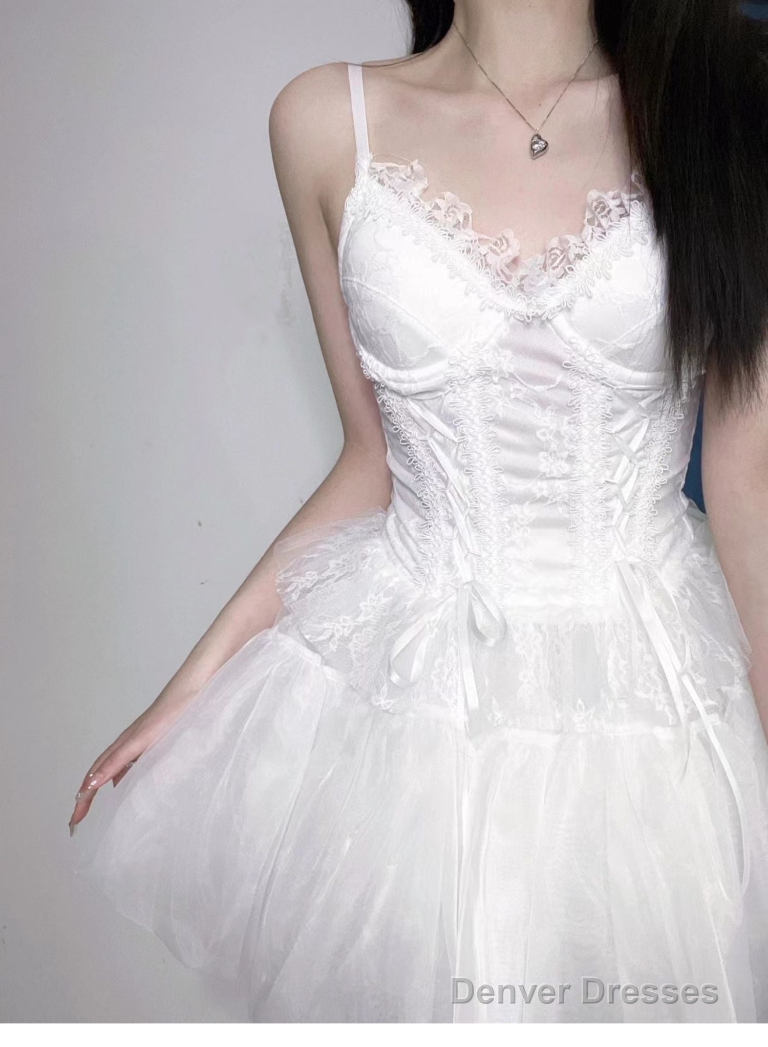 Chic A Line Spaghetti Straps White Lace Party Dress Birthday Dresses Birthday Outfits Secondary image