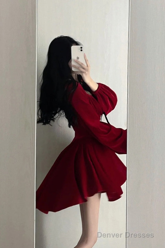 Chic A Line Square Neckline Long Sleeves Red Velvet Party Dress Birthday Dresses Birthday Outfits