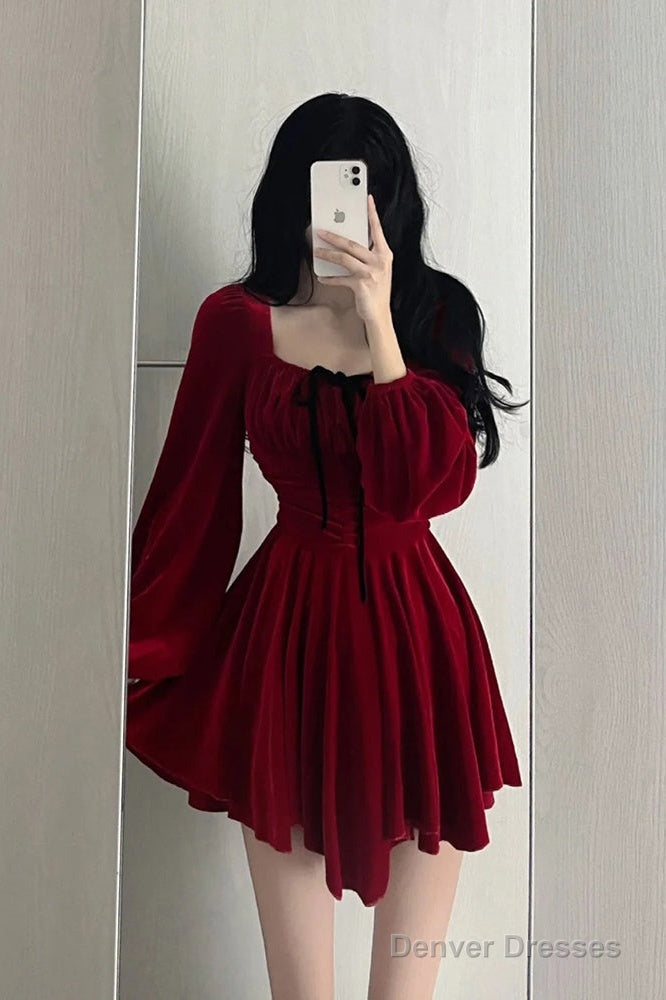 Chic A Line Square Neckline Long Sleeves Red Velvet Party Dress Birthday Dresses Birthday Outfits Main image