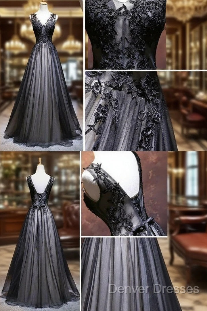 Chic A-Line V-Neck Floor Length Tulle Black Applique Long Prom Dress Evening Dress Main image