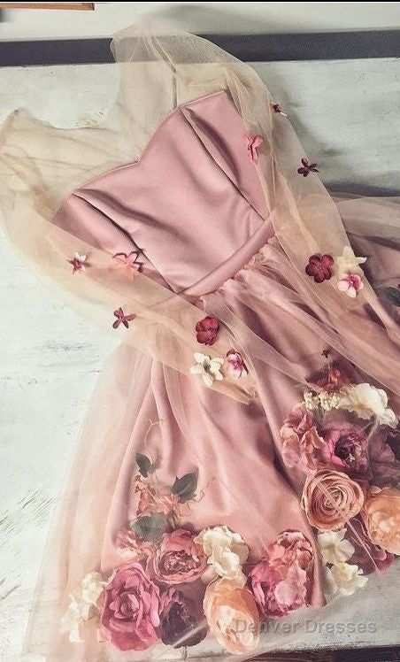 Chic A-Line V Neck Hand-Made Flower Homecoming Dresses Unique Short Dress Long Sleeve Homecoming Dresses Main image