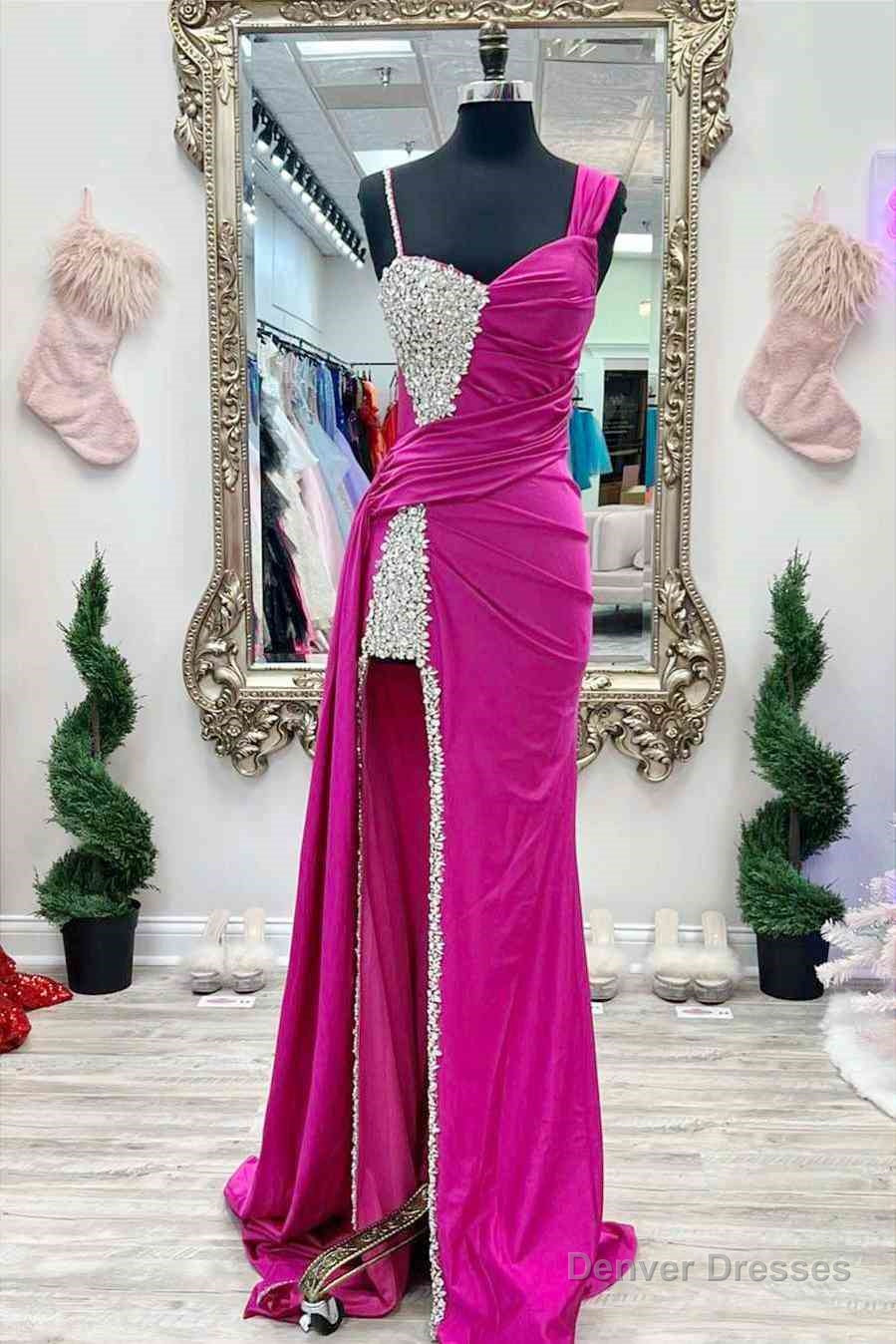 Chic Asymmetrical Fuchsia Beaded Long Prom Dress,Green Dinner Dresses Main image