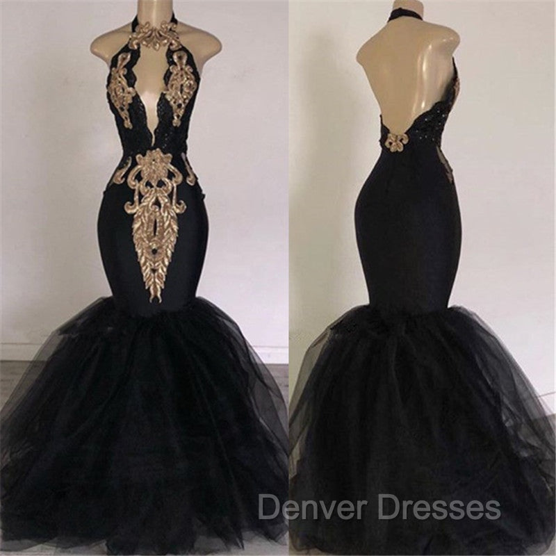 Chic Backless Prom Dress with Gold Appliques Mermaid Halter Evening Gowns with Keyhole Secondary image