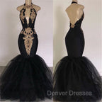 Chic Backless Prom Dress with Gold Appliques Mermaid Halter Evening Gowns with Keyhole