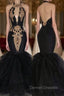 Chic Backless Prom Dress with Gold Appliques Mermaid Halter Evening Gowns with Keyhole