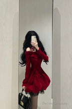 Chic Ball Gown Long Sleeves Red Velvet Party Dress Birthday Dresses Birthday Outfits