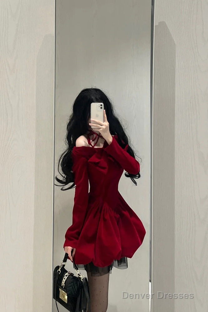 Chic Ball Gown Long Sleeves Red Velvet Party Dress Birthday Dresses Birthday Outfits