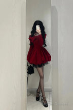 Chic Ball Gown Long Sleeves Red Velvet Party Dress Birthday Dresses Birthday Outfits