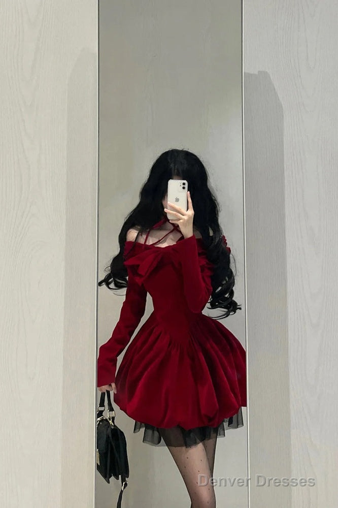Chic Ball Gown Long Sleeves Red Velvet Party Dress Birthday Dresses Birthday Outfits