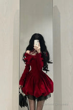 Chic Ball Gown Long Sleeves Red Velvet Party Dress Birthday Dresses Birthday Outfits
