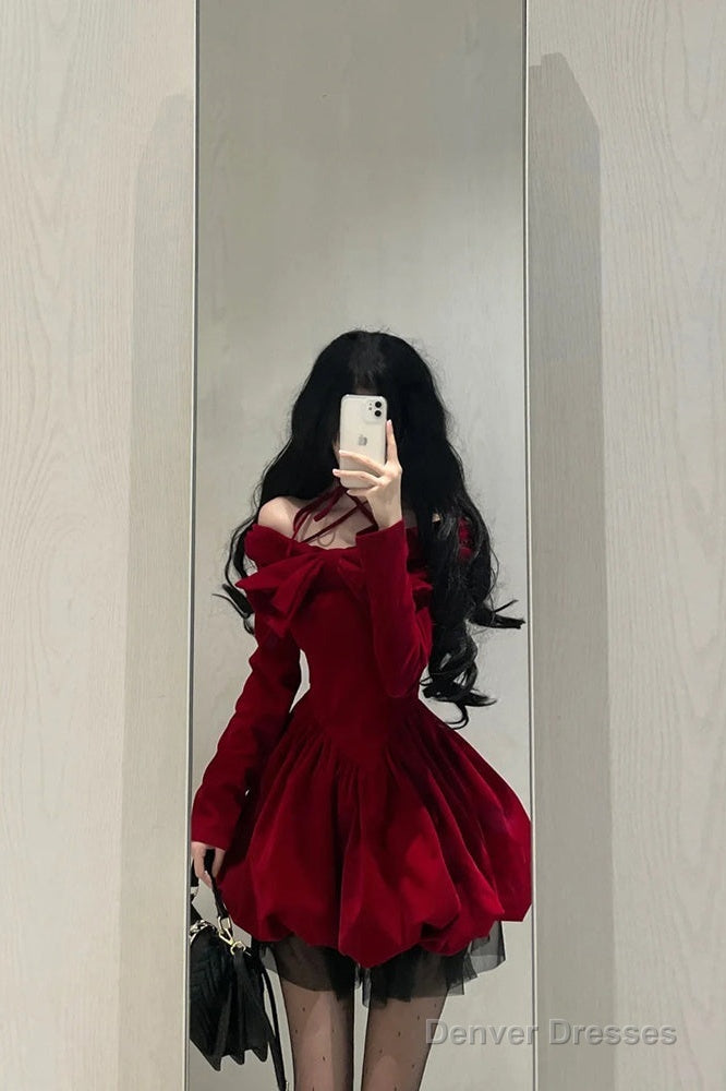 Chic Ball Gown Long Sleeves Red Velvet Party Dress Birthday Dresses Birthday Outfits