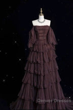 Chic Ball Gown Off The Shoulder Long Sleeves Evening Dress Tulle Long Prom Dress
